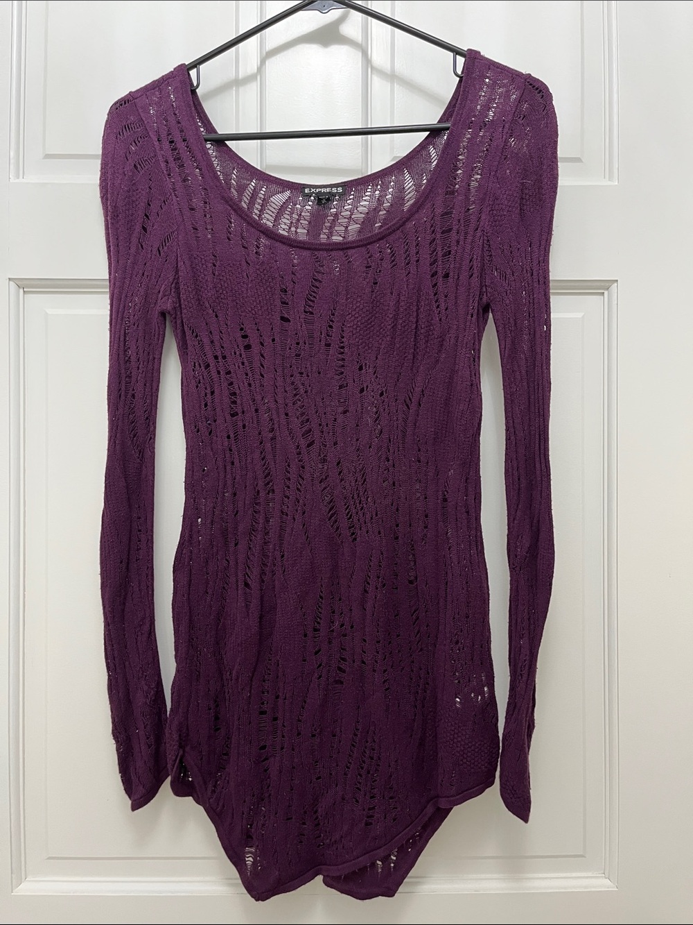 Express Plum Purple Open-Stitch Scoop Neck Form Fitting Sweater - Size Medium